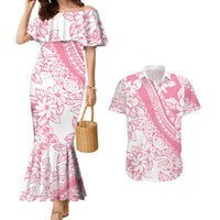 Polynesian Tiare Flower Pink Pastel Vibes Couples Matching Mermaid Dress and Hawaiian Shirt