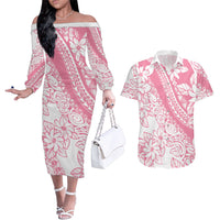 Polynesian Tiare Flower Pink Pastel Vibes Couples Matching Off The Shoulder Long Sleeve Dress and Hawaiian Shirt