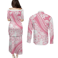 Polynesian Tiare Flower Pink Pastel Vibes Couples Matching Puletasi and Long Sleeve Button Shirt