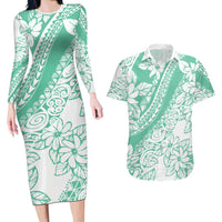 Polynesian Tiare Flower Cyan Pastel Vibes Couples Matching Long Sleeve Bodycon Dress and Hawaiian Shirt