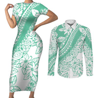 Polynesian Tiare Flower Cyan Pastel Vibes Couples Matching Short Sleeve Bodycon Dress and Long Sleeve Button Shirt