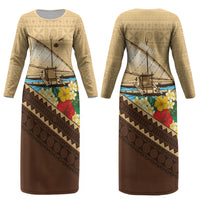 Personalised Bula Vinaka Fiji Drua Couples Matching Long Sleeve Bodycon Dress and Long Sleeve Button Shirt Fijian Traditional Canoe Tapa Cloth Beige