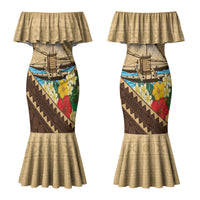 Personalised Bula Vinaka Fiji Drua Couples Matching Mermaid Dress and Hawaiian Shirt Fijian Traditional Canoe Tapa Cloth Beige LT14 - Polynesian Pride