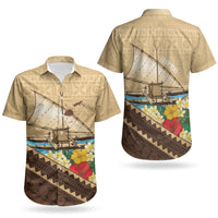 Personalised Bula Vinaka Fiji Drua Couples Matching Off Shoulder Short Dress and Hawaiian Shirt Fijian Traditional Canoe Tapa Cloth Beige LT14 - Polynesian Pride