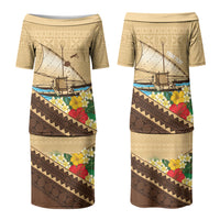Personalised Bula Vinaka Fiji Drua Couples Matching Puletasi and Hawaiian Shirt Fijian Traditional Canoe Tapa Cloth Beige LT14 - Polynesian Pride