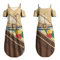 Personalised Bula Vinaka Fiji Drua Couples Matching Summer Maxi Dress and Long Sleeve Button Shirt Fijian Traditional Canoe Tapa Cloth Beige LT14 - Polynesian Pride