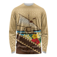 Personalised Bula Vinaka Fiji Drua Long Sleeve Shirt Fijian Traditional Canoe Tapa Cloth Beige