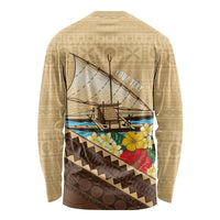 Personalised Bula Vinaka Fiji Drua Long Sleeve Shirt Fijian Traditional Canoe Tapa Cloth Beige