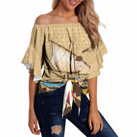 Personalised Bula Vinaka Fiji Drua Off Shoulder Wrap Waist Top Fijian Traditional Canoe Tapa Cloth Beige