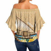 Personalised Bula Vinaka Fiji Drua Off Shoulder Wrap Waist Top Fijian Traditional Canoe Tapa Cloth Beige