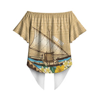 Personalised Bula Vinaka Fiji Drua Off Shoulder Wrap Waist Top Fijian Traditional Canoe Tapa Cloth Beige