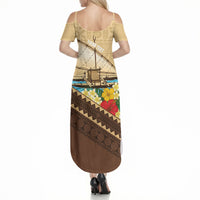 Personalised Bula Vinaka Fiji Drua Summer Maxi Dress Fijian Traditional Canoe Tapa Cloth Beige