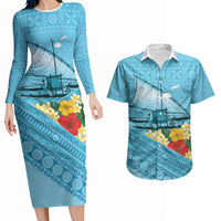 Personalised Bula Vinaka Fiji Drua Couples Matching Long Sleeve Bodycon Dress and Hawaiian Shirt Fijian Traditional Canoe Tapa Cloth Blue