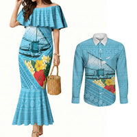 Personalised Bula Vinaka Fiji Drua Couples Matching Mermaid Dress and Long Sleeve Button Shirt Fijian Traditional Canoe Tapa Cloth Blue
