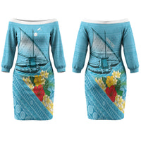 Personalised Bula Vinaka Fiji Drua Couples Matching Off The Shoulder Long Sleeve Dress and Hawaiian Shirt Fijian Traditional Canoe Tapa Cloth Blue