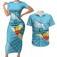 Personalised Bula Vinaka Fiji Drua Couples Matching Short Sleeve Bodycon Dress and Hawaiian Shirt Fijian Traditional Canoe Tapa Cloth Blue