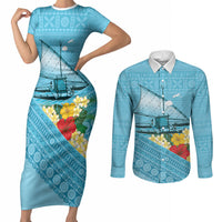 Personalised Bula Vinaka Fiji Drua Couples Matching Short Sleeve Bodycon Dress and Long Sleeve Button Shirt Fijian Traditional Canoe Tapa Cloth Blue