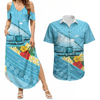 Personalised Bula Vinaka Fiji Drua Couples Matching Summer Maxi Dress and Hawaiian Shirt Fijian Traditional Canoe Tapa Cloth Blue