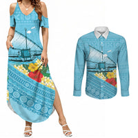 Personalised Bula Vinaka Fiji Drua Couples Matching Summer Maxi Dress and Long Sleeve Button Shirt Fijian Traditional Canoe Tapa Cloth Blue