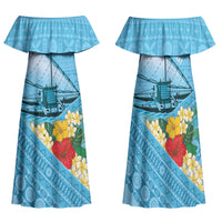 Personalised Bula Vinaka Fiji Drua Family Matching Off Shoulder Maxi Dress and Hawaiian Shirt Fijian Traditional Canoe Tapa Cloth Blue