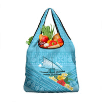 Personalised Bula Vinaka Fiji Drua Grocery Bag Fijian Traditional Canoe Tapa Cloth Blue