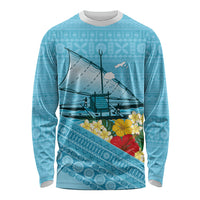 Personalised Bula Vinaka Fiji Drua Long Sleeve Shirt Fijian Traditional Canoe Tapa Cloth Blue
