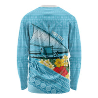 Personalised Bula Vinaka Fiji Drua Long Sleeve Shirt Fijian Traditional Canoe Tapa Cloth Blue