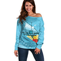Personalised Bula Vinaka Fiji Drua Off Shoulder Sweater Fijian Traditional Canoe Tapa Cloth Blue
