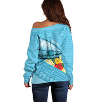 Personalised Bula Vinaka Fiji Drua Off Shoulder Sweater Fijian Traditional Canoe Tapa Cloth Blue