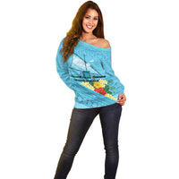 Personalised Bula Vinaka Fiji Drua Off Shoulder Sweater Fijian Traditional Canoe Tapa Cloth Blue