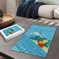 Personalised Bula Vinaka Fiji Drua Puzzle Fijian Traditional Canoe Tapa Cloth Blue LT14 - Polynesian Pride