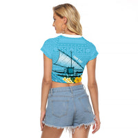 Personalised Bula Vinaka Fiji Drua Raglan Cropped T Shirt Fijian Traditional Canoe Tapa Cloth Blue