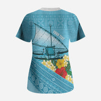Personalised Bula Vinaka Fiji Drua Scrub Top Fijian Traditional Canoe Tapa Cloth Blue LT14 - Polynesian Pride