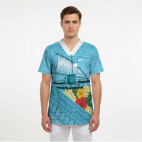 Personalised Bula Vinaka Fiji Drua Scrub Top Fijian Traditional Canoe Tapa Cloth Blue LT14 - Polynesian Pride