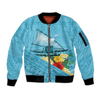 Personalised Bula Vinaka Fiji Drua Sleeve Zip Bomber Jacket Fijian Traditional Canoe Tapa Cloth Blue LT14 Unisex Blue - Polynesian Pride
