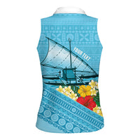 Personalised Bula Vinaka Fiji Drua Women Sleeveless Polo Shirt Fijian Traditional Canoe Tapa Cloth Blue LT14 - Polynesian Pride