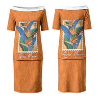 Aloha Hawaii Pua Manu Couples Matching Puletasi and Long Sleeve Button Shirt Hawaiian Bird of Paradise Flowers Stylized Stamp LT14 - Polynesian Pride