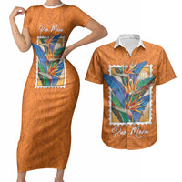 Aloha Hawaii Pua Manu Couples Matching Short Sleeve Bodycon Dress and Hawaiian Shirt Hawaiian Bird of Paradise Flowers Stylized Stamp LT14 Orange - Polynesian Pride