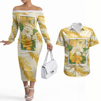 Aloha Hawaii Puakenikeni Couples Matching Off The Shoulder Long Sleeve Dress and Hawaiian Shirt Hawaiian Lei Palaka Motifs Stylized Stamp LT14 Yellow - Polynesian Pride