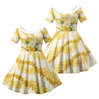 Aloha Hawaii Puakenikeni Family Matching Puletasi and Hawaiian Shirt Hawaiian Lei Palaka Motifs Stylized Stamp LT14 Daughter's Dress Yellow - Polynesian Pride