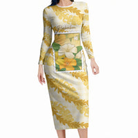 Aloha Hawaii Puakenikeni Long Sleeve Bodycon Dress Hawaiian Lei Palaka Motifs Stylized Stamp