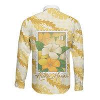 Aloha Hawaii Puakenikeni Long Sleeve Button Shirt Hawaiian Lei Palaka Motifs Stylized Stamp