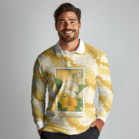 Aloha Hawaii Puakenikeni Long Sleeve Polo Shirt Hawaiian Lei Palaka Motifs Stylized Stamp