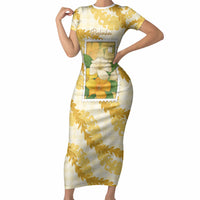 Aloha Hawaii Puakenikeni Short Sleeve Bodycon Dress Hawaiian Lei Palaka Motifs Stylized Stamp