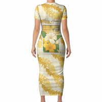 Aloha Hawaii Puakenikeni Short Sleeve Bodycon Dress Hawaiian Lei Palaka Motifs Stylized Stamp