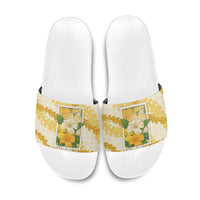 Aloha Hawaii Puakenikeni Slide Sandals Hawaiian Lei Palaka Motifs Stylized Stamp LT14 Yellow - Polynesian Pride