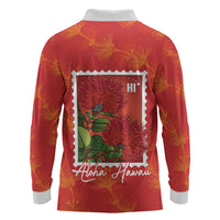 Aloha Hawaii Ohia Lehua Long Sleeve Polo Shirt Hawaiian Lei Stylized Stamp