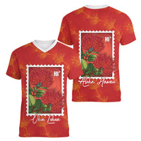 Aloha Hawaii Ohia Lehua Women V-Neck T-Shirt Hawaiian Lei Stylized Stamp