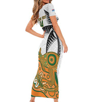 Custom Fiji And Australia Rugby Short Sleeve Bodycon Dress Fijian Palm Tree Mix Aussie Kangaroo