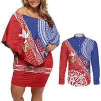 Tonga and Samoa Rugby Custom Couples Matching Off Shoulder Short Dress and Long Sleeve Button Shirt Ikale Tahi Manu Samoa Together - Polynesian Pride